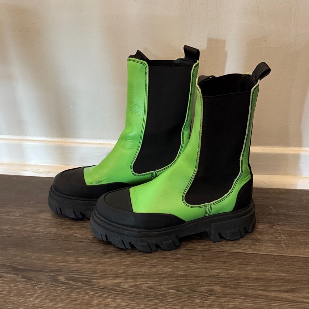 Ganni Green and Black Chelsea Boots